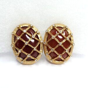 Landau Bold Brown Earrings Jelly Belly Cabochon Rhinestone Goldtone Basketweave